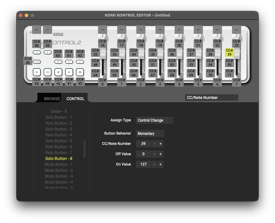 screenshot of Korg Control Editor